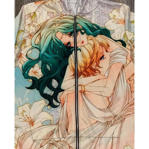 Anime-Inspired Hooded Longline Jacket Zipper Front Floral Art Allover Print 2LX - Picture 6 of 16